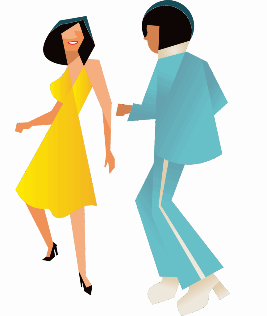 Two illustrated individuals, dressed in retro 70's attire, dancing